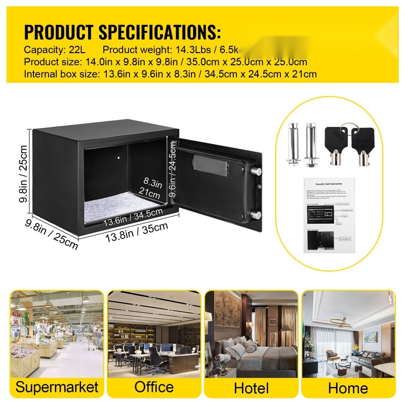 Kassakaappi Q235-terästä 0,8 kuutiojalkaa musta sormenjälki koodilukko 2 avainta seinäkiinnitys