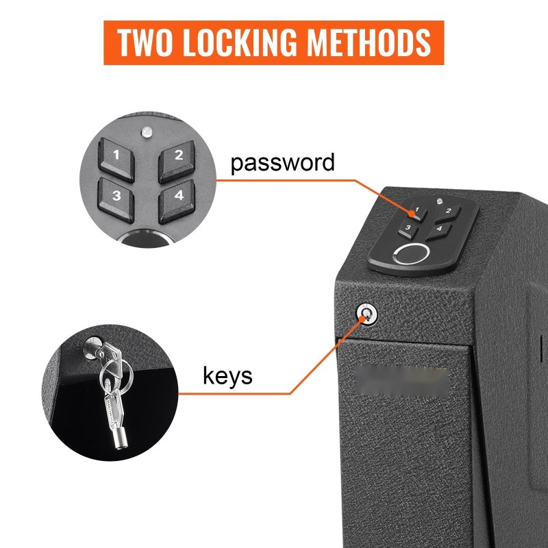 Pistoolin turvalipas teräsrunkoinen sormenjälkilukolla 120 sormenjälkeä pehmustettu sisäosa