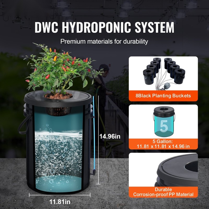 Syvävesiviljelyjärjestelmä polypropeeni kahdeksalla istutusämpärillä ilmapumppu ilmakivet vedenpinnan osoitin lehtivihanneksille