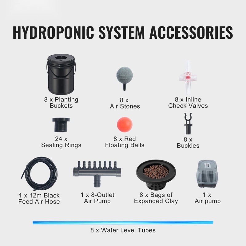 Syvävesiviljelyjärjestelmä polypropeeni kahdeksalla istutusämpärillä ilmapumppu ilmakivet vedenpinnan osoitin lehtivihanneksille