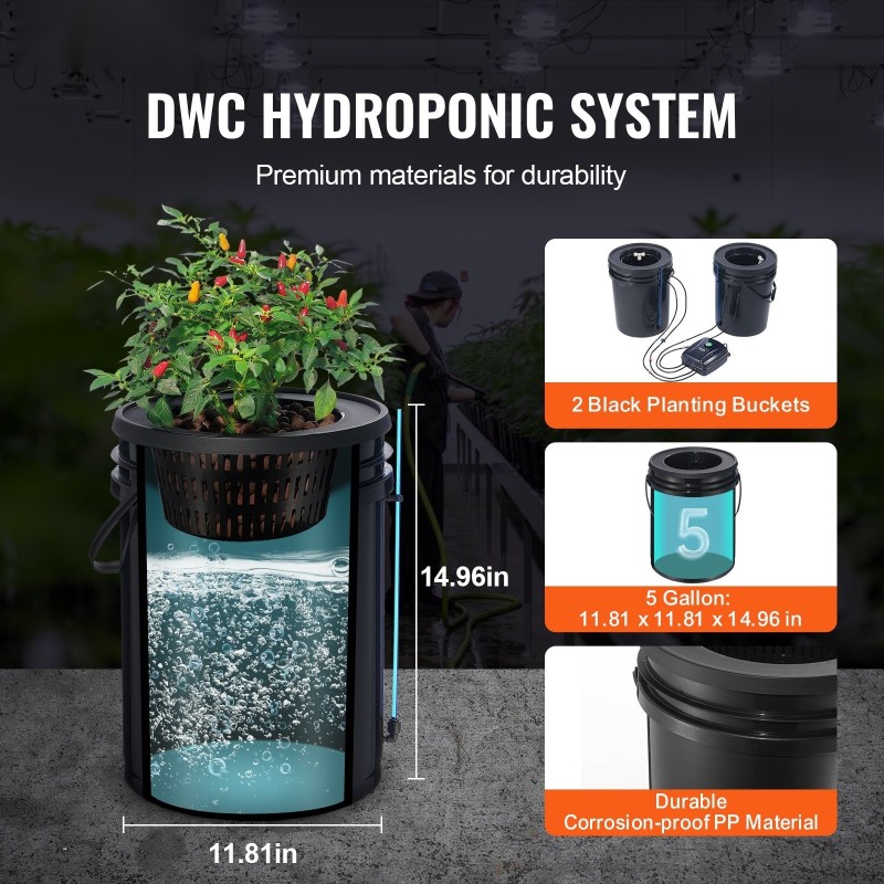 Hydroponinen DWC-kasvatusjärjestelmä 2 kpl 20 l PP-ämpäreillä istutuskorit ilmapumpulla