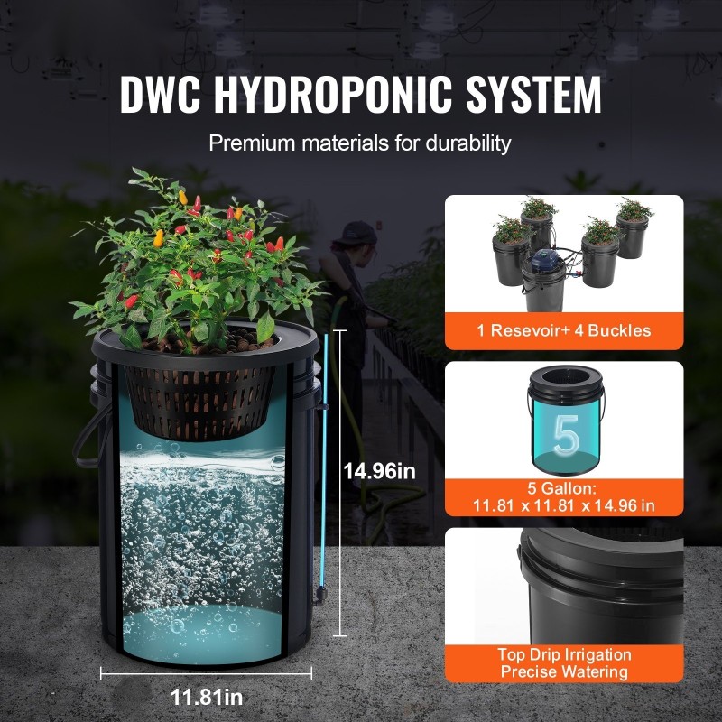 Kierrättävä syvävesiviljelyjärjestelmä 4 ämpäriä 20 l PP-muovi 8 tuuman istutuskorit