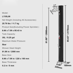 Ulkosuihku aurinkolämmityksellä 35 l säiliöllä suihkupäällä jalkahanalla
