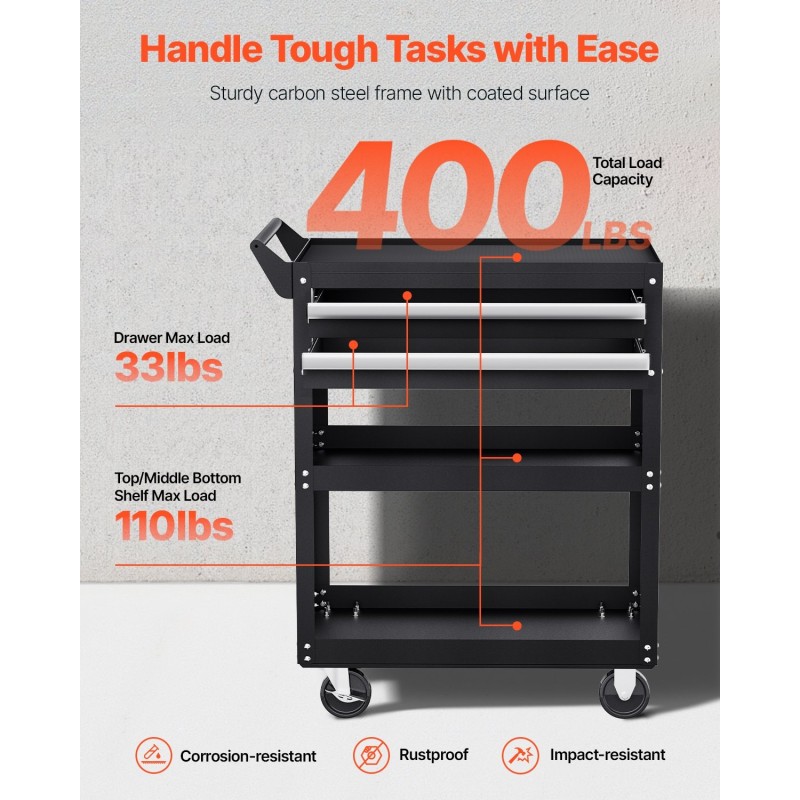Työkaluvaunu viisi tasoa pyörillä 181 kiloa kantavuus kaksi lukittavaa laatikkoa reikälevy musta