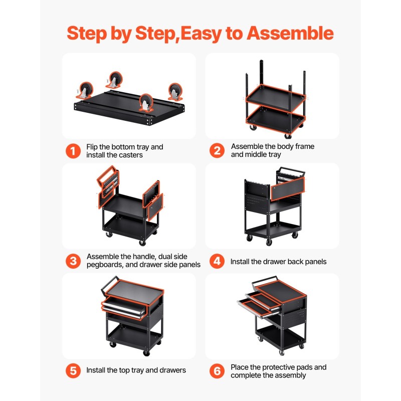 Työkaluvaunu viisi tasoa pyörillä 181 kiloa kantavuus kaksi lukittavaa laatikkoa reikälevy musta