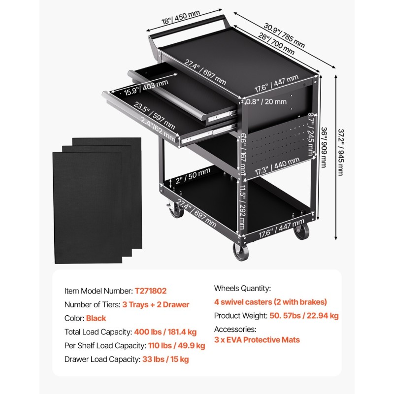 Työkaluvaunu viisi tasoa pyörillä 181 kiloa kantavuus kaksi lukittavaa laatikkoa reikälevy musta