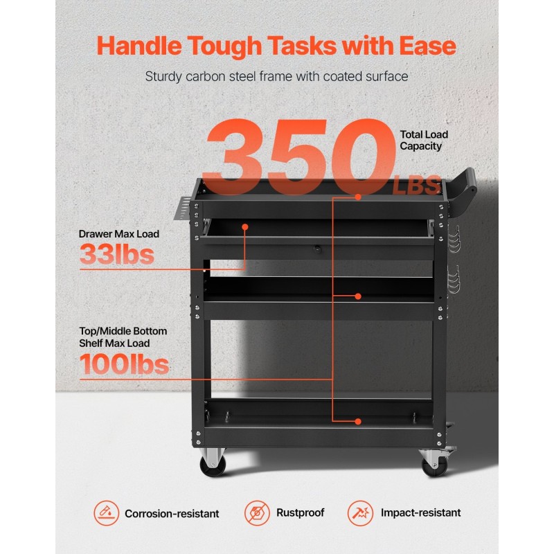 Työkaluvaunu 4-tasoinen 160 kg kantavuus 3 hyllyä lukittava laatikko pyörillä