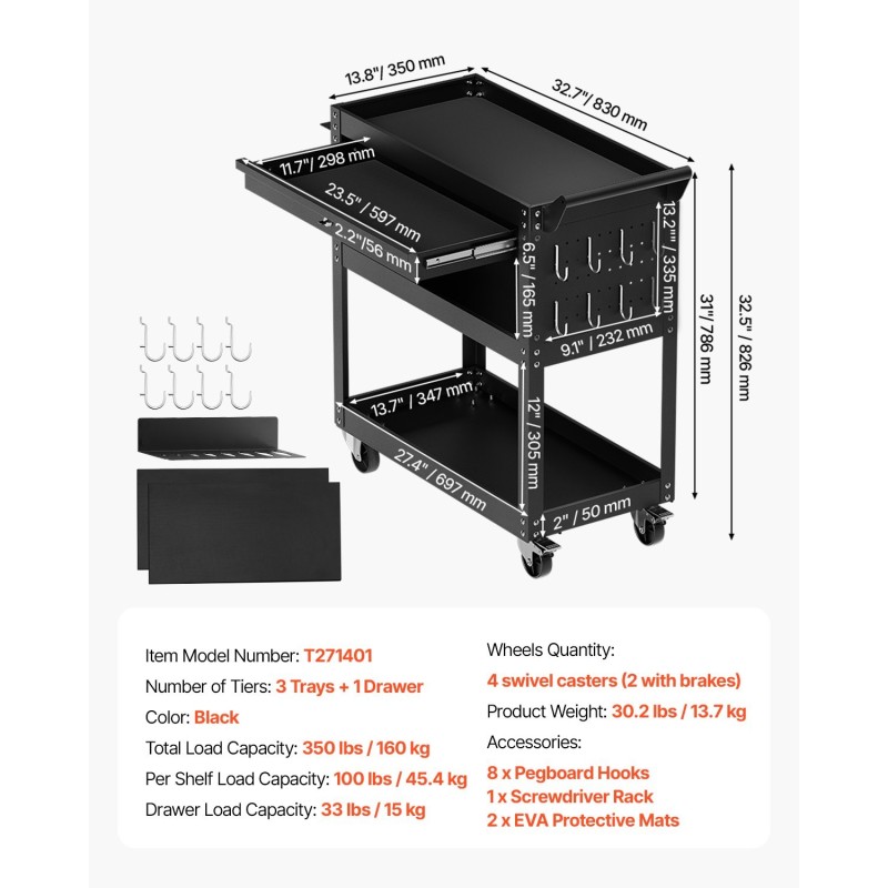 Työkaluvaunu 4-tasoinen 160 kg kantavuus 3 hyllyä lukittava laatikko pyörillä