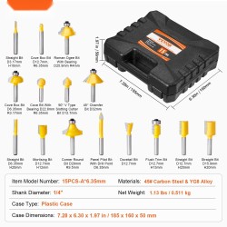 Jyrsinteräsarja 15 kpl kovametalliterää 6,35 mm varsi muovikotelo puutöihin