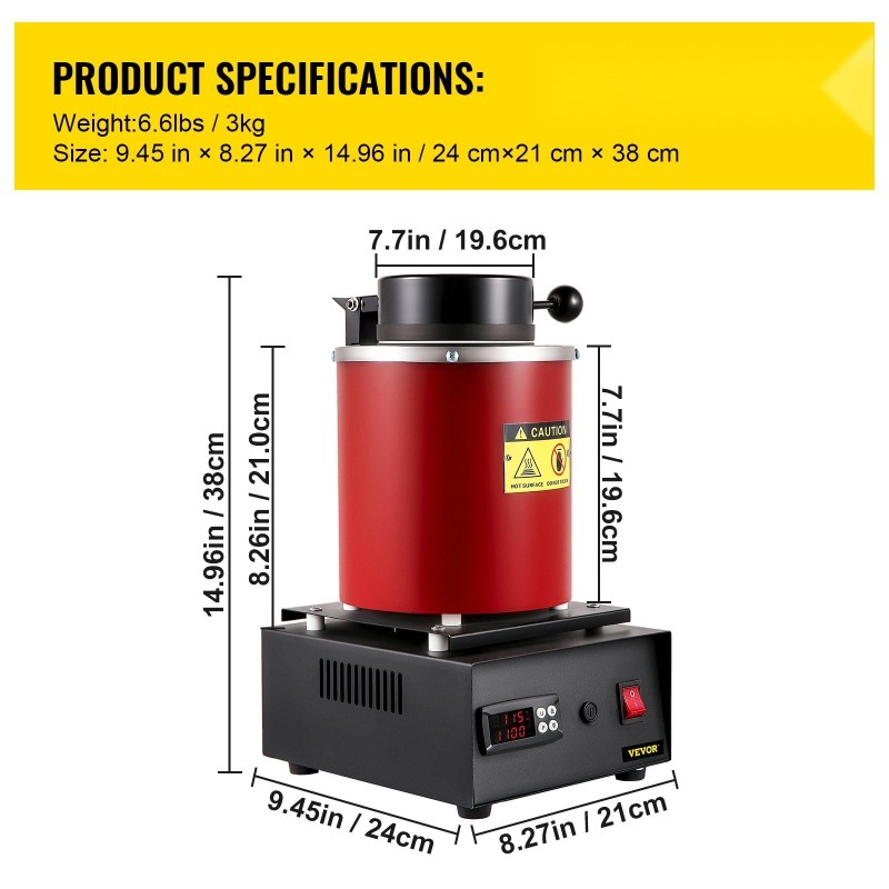 Sähköinen sulatusuuni 3 kg kapasiteetti digitaalinen lämpötilansäätö 1350 wattia 1150 celsiusastetta grafiittitiiviste