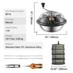 Manuaalinen lehtikulholeikkuri 430x430x380 mm 3 ruostumatonta terää taitettava kuivauspussi läpinäkyvä kupu