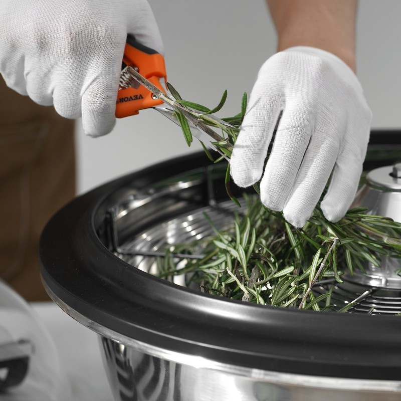 Manuaalinen lehtikulholeikkuri 430x430x380 mm 3 ruostumatonta terää taitettava kuivauspussi läpinäkyvä kupu