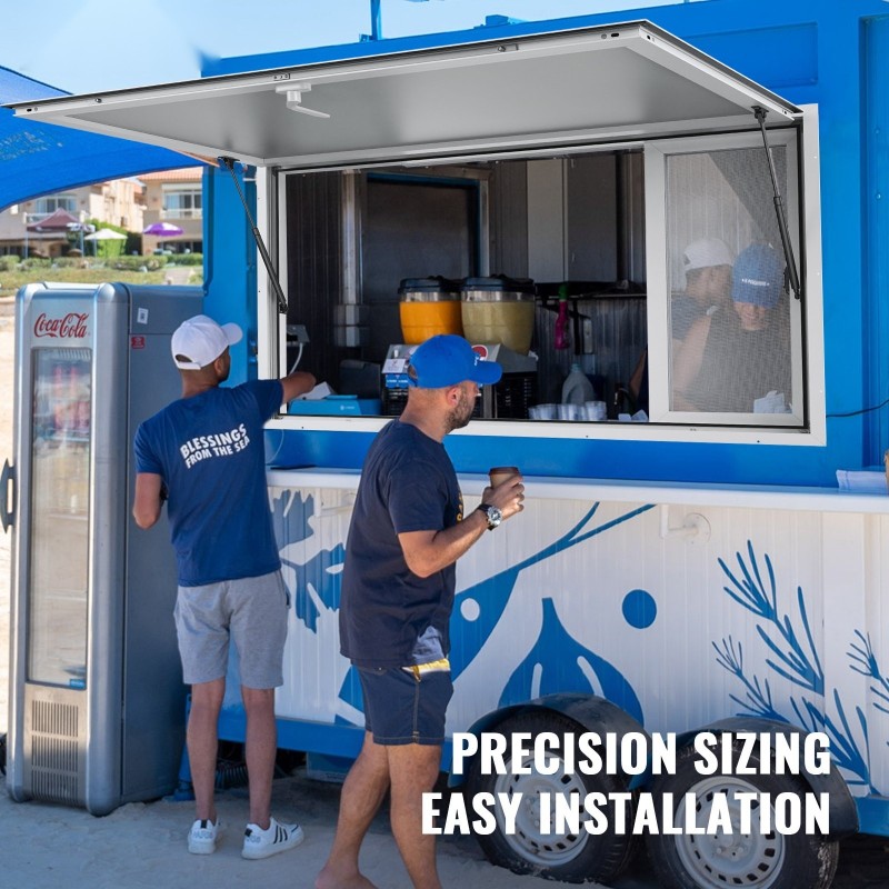 Myyntiluukku ruokavaunuun alumiiniseosrunko asennuskoko 1220x915 mm 4 liukuikkunaa ruostumaton teräsverkko