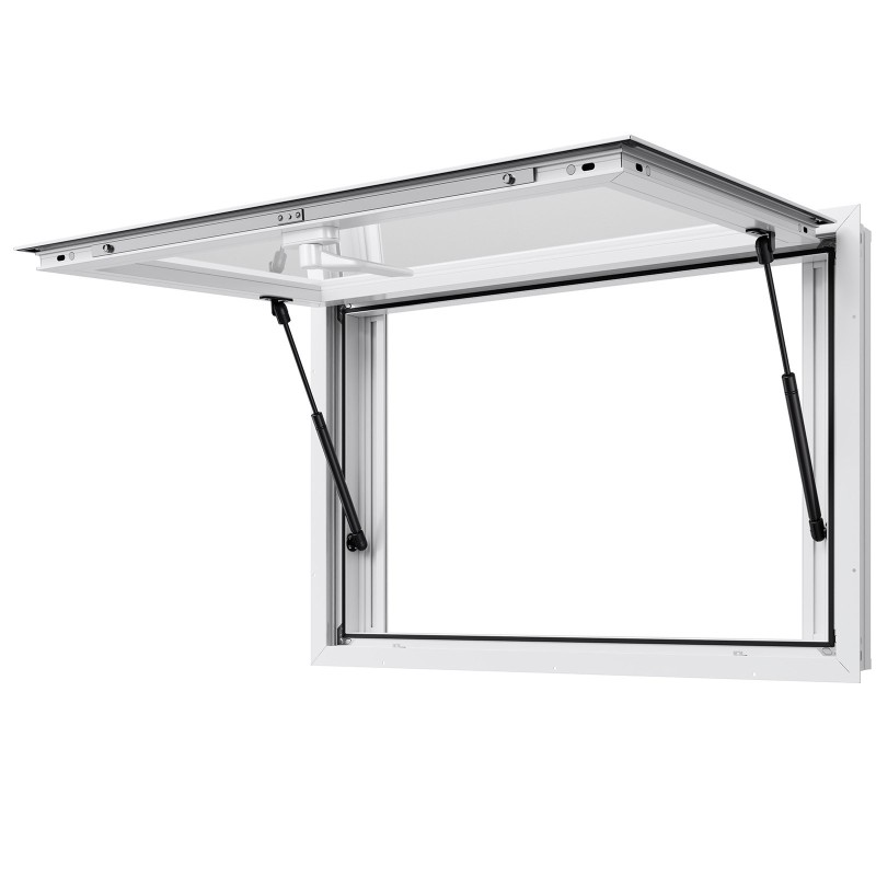 Palveluluukku alumiiniseos 92x61 cm kaksi liukuikkunaa hyönteisverkolla markiisiovi kaasujousi ruokarekkoihin