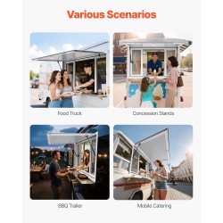 Myyntiluukku alumiiniseoksesta 135×84 senttimetriä neljällä liukuikkunalla ja markiisiovella