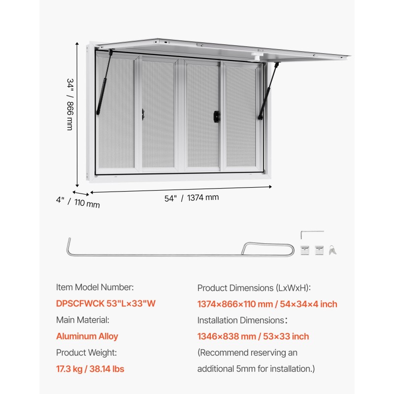 Myyntiluukku alumiiniseoksesta 135×84 senttimetriä neljällä liukuikkunalla ja markiisiovella