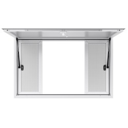 Myyntiluukku alumiiniseoksesta 135×84 senttimetriä neljällä liukuikkunalla ja markiisiovella