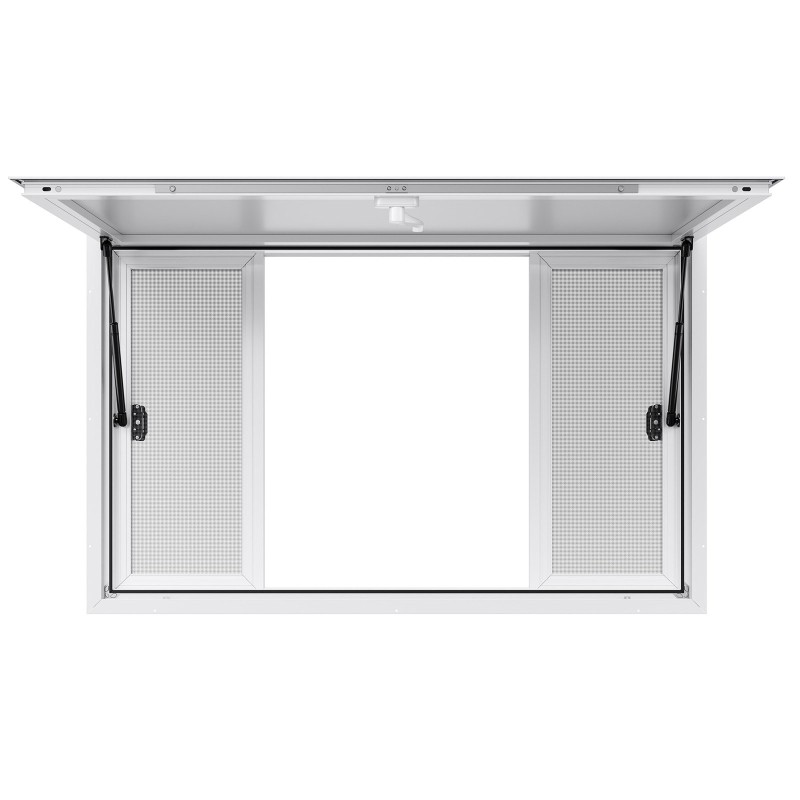 Myyntiluukku alumiiniseoksesta 135×84 senttimetriä neljällä liukuikkunalla ja markiisiovella