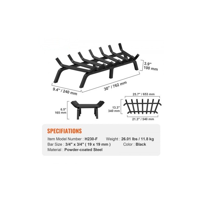 Takkaritilä 30-tuumainen jauhemaalatut 19 mm terästangot 6 jalkaa