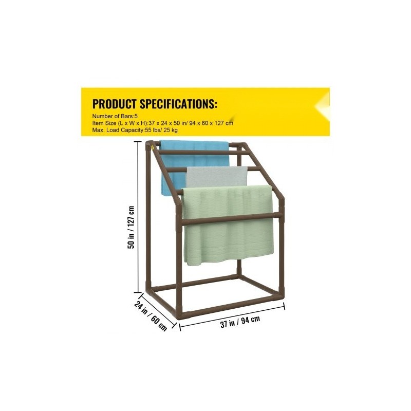 Pyyheteline PVC-rakenteinen viisi tankoa trapetsimuotoinen vapaasti seisova ulkokäyttöön mukana kahdeksan pyyhepidikettä