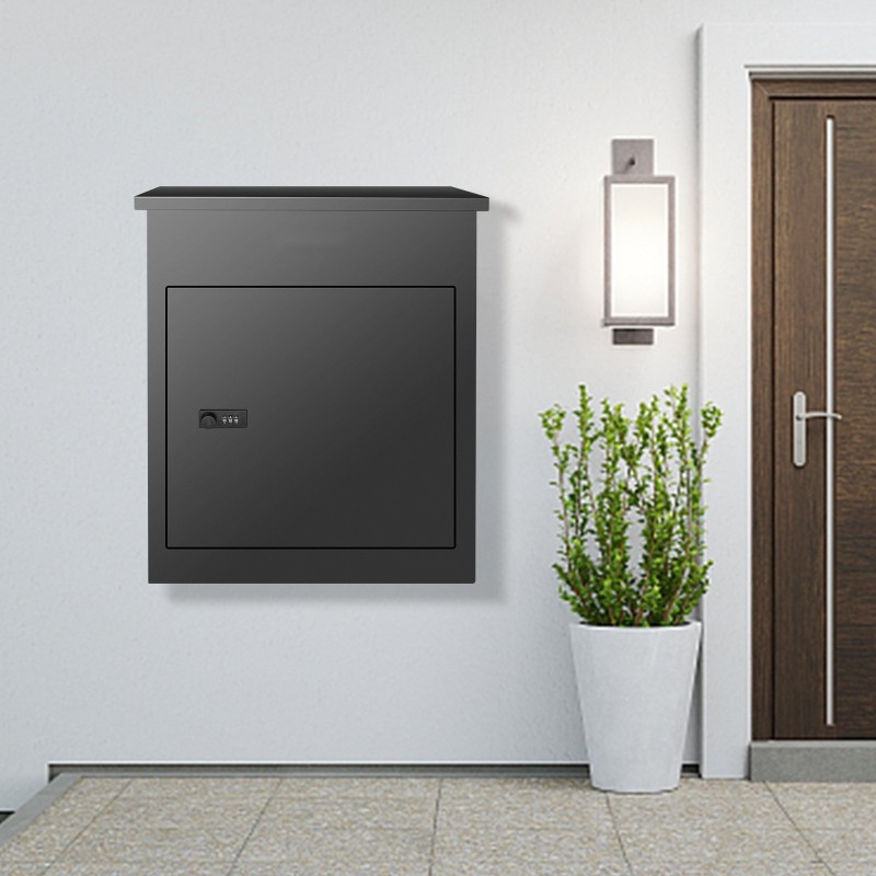 Pakettilaatikko ulkokäyttöön tilava sinkitystä teräksestä koodilukolla musta