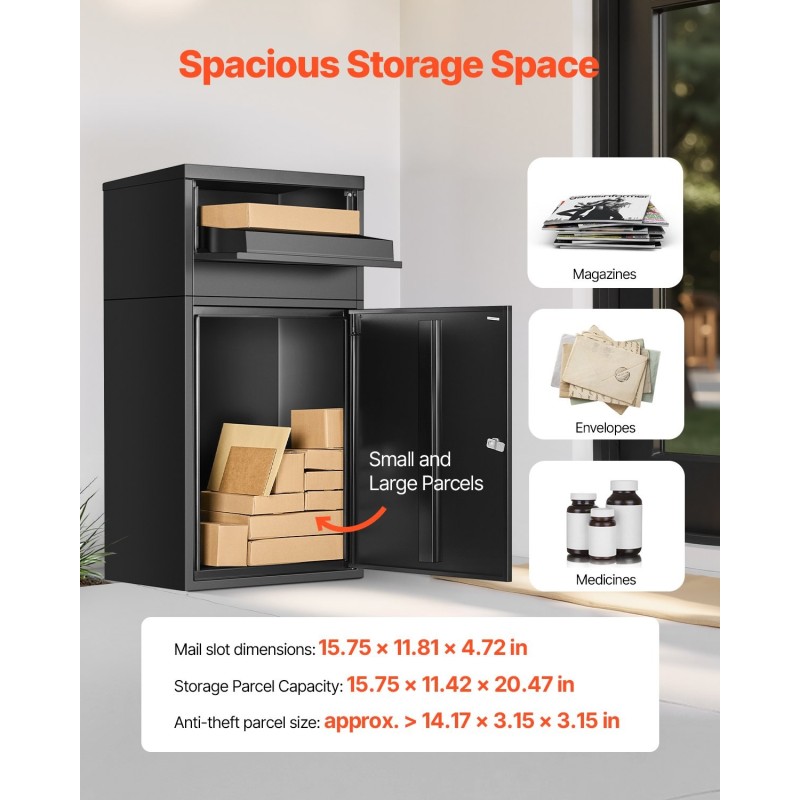 Lukittava pakettilaatikko galvanoidusta teräksestä säänkestävä varkaudenestoinen musta