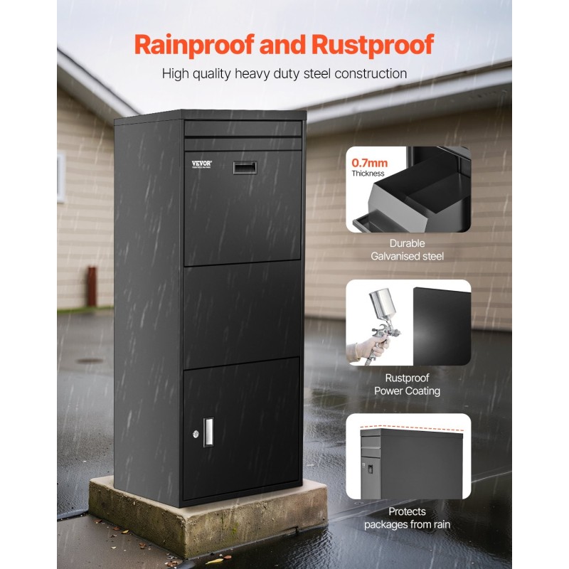 Pakettipostilaatikko galvanoidusta teräksestä ulkokäyttöön säänkestävä musta numeroyhdistelmälukolla suuri kapasiteetti