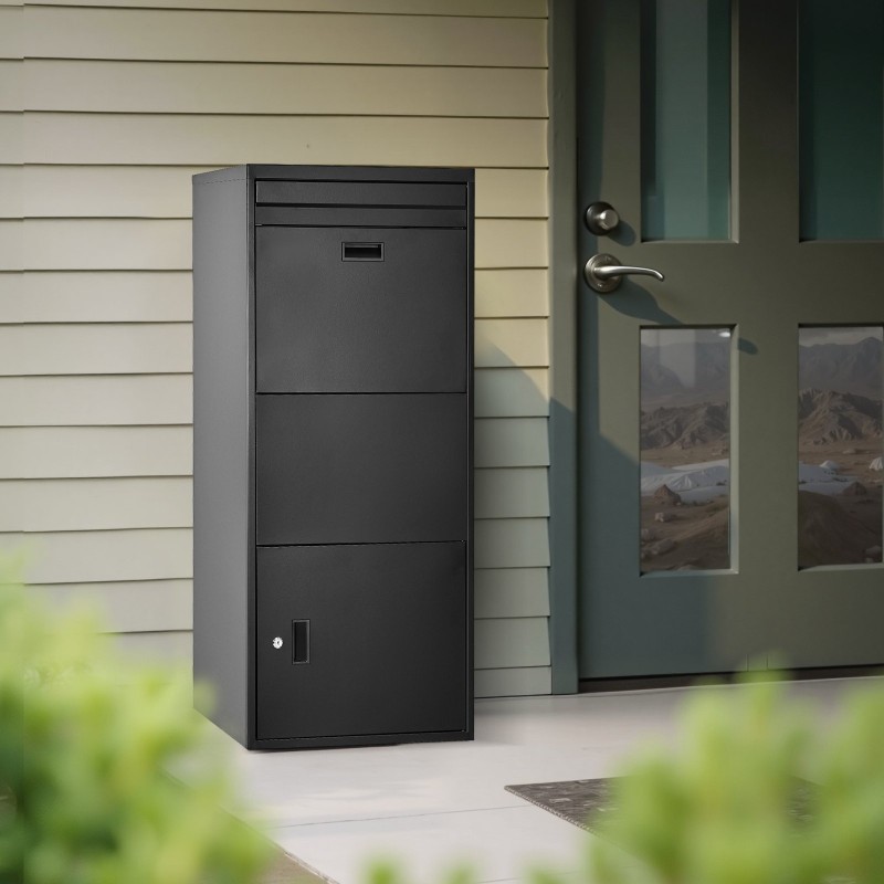 Pakettipostilaatikko galvanoidusta teräksestä ulkokäyttöön säänkestävä musta numeroyhdistelmälukolla suuri kapasiteetti