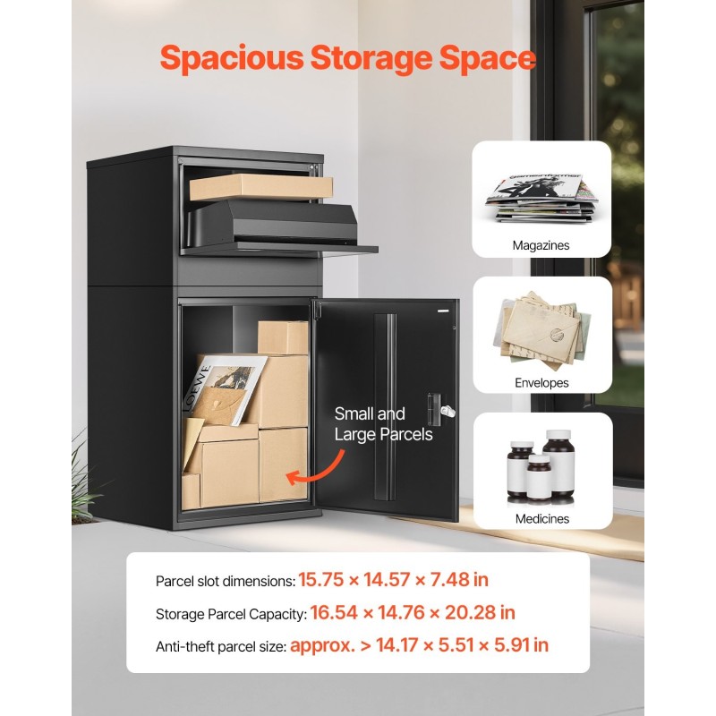 Pakettilaatikko galvanoidusta teräksestä 980 mm korkea lukittava musta ulkokäyttöön