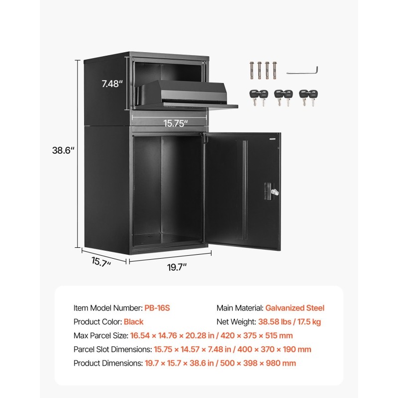Pakettilaatikko galvanoidusta teräksestä 980 mm korkea lukittava musta ulkokäyttöön