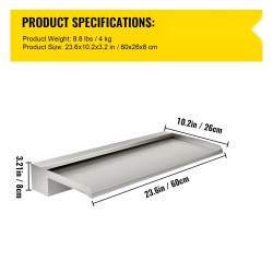 Vesiputoussuutin ruostumattomasta teräksestä 60 x 26 x 8 cm asennustarvikkeilla lampiin