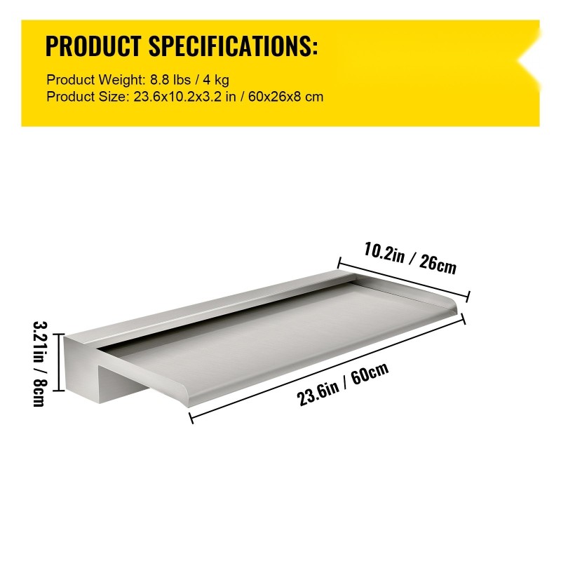 Vesiputoussuutin ruostumattomasta teräksestä 60 x 26 x 8 cm asennustarvikkeilla lampiin