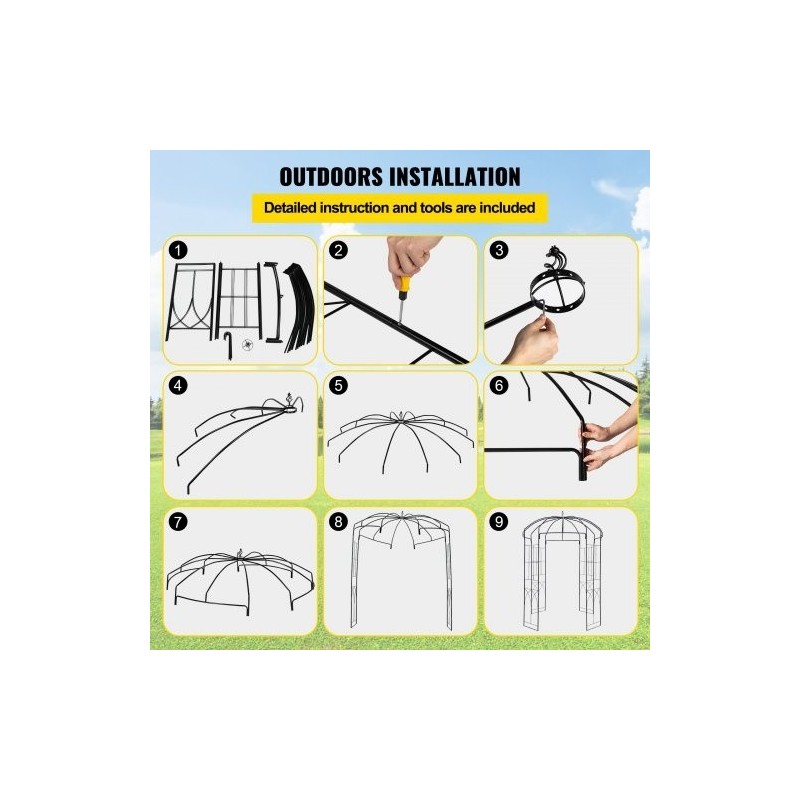 Teräksinen lintuhäkin muotoinen huvimaja korkeus 2,4 metriä leveys 2 metriä