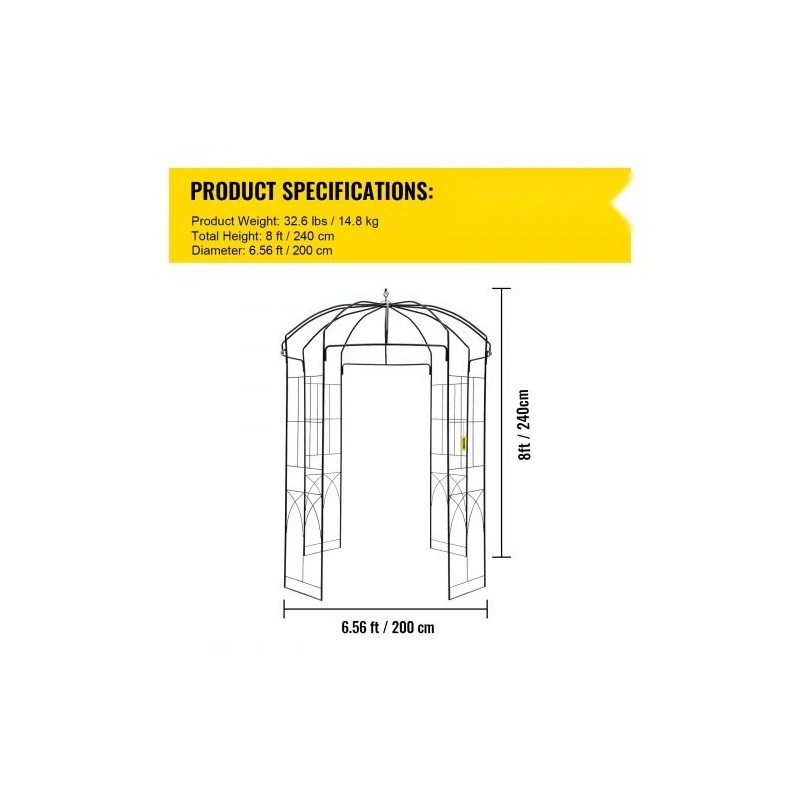 Teräksinen lintuhäkin muotoinen huvimaja korkeus 2,4 metriä leveys 2 metriä