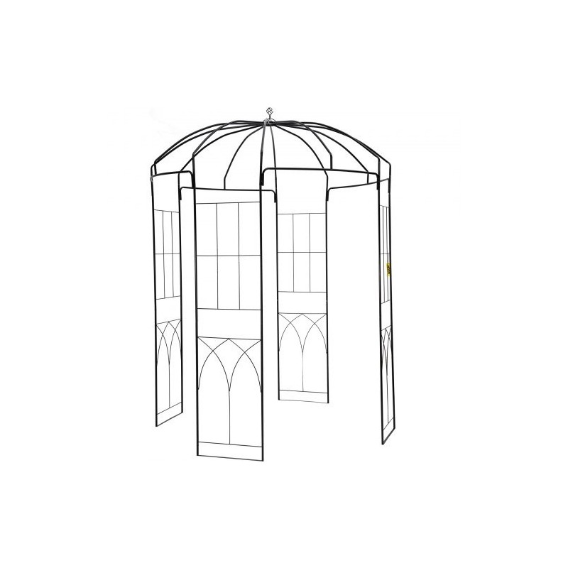 Teräksinen lintuhäkin muotoinen huvimaja korkeus 2,4 metriä leveys 2 metriä