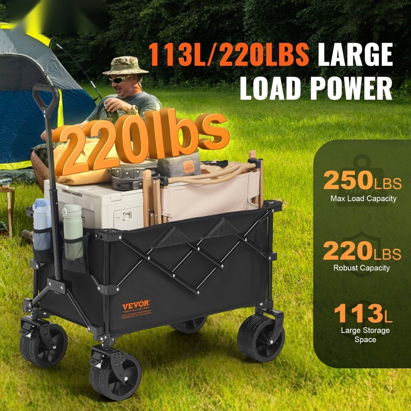 Taittuva kuljetusvaunu 113 l säilytystila rautarunko 600D kangas maastopyörillä enimmäiskuorma 250 paunaa