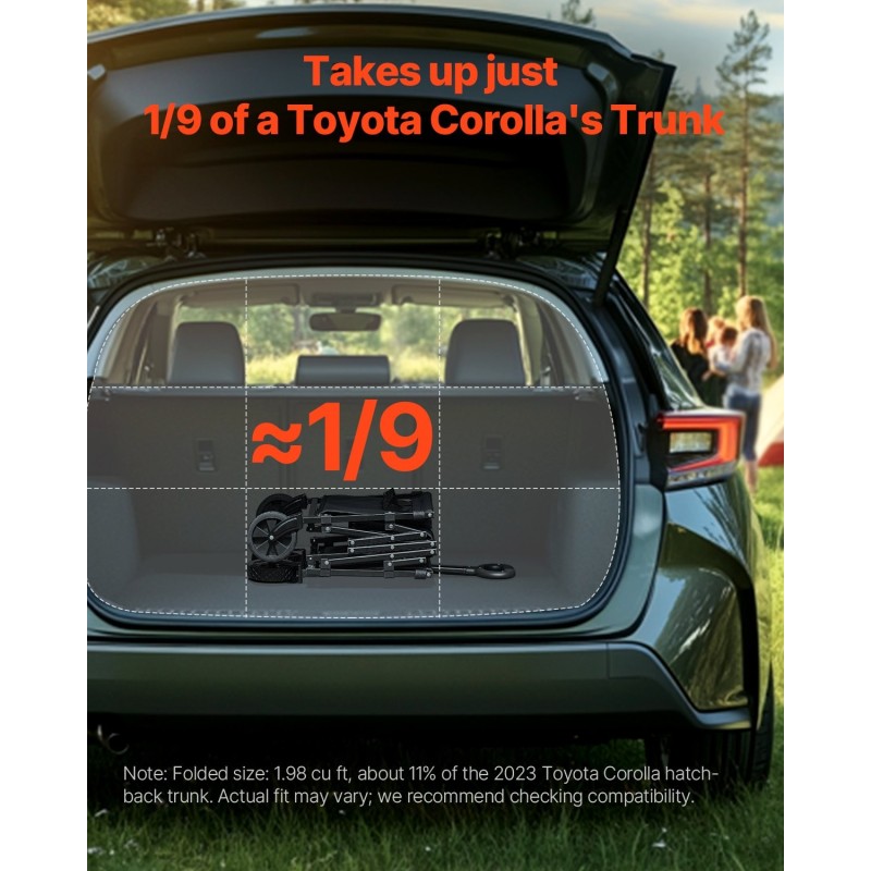 Kokoontaitettava kärry 120 l kantavuus 102 kg korkeussäädettävä kahva kaikialustaiset pyörät