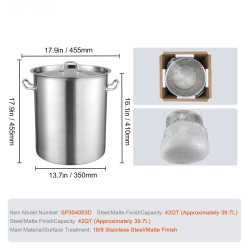 Ruostumaton teräksinen keittokattila 18/8 39,7 l induktioyhteensopiva kansi ja kahvat