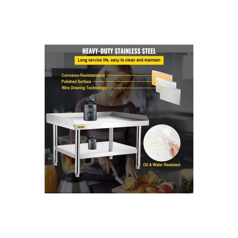 Kaksitasoinen ruostumaton teräs työpöytä ja laitealusta 152x76x61 cm säädettävällä alahyllyllä