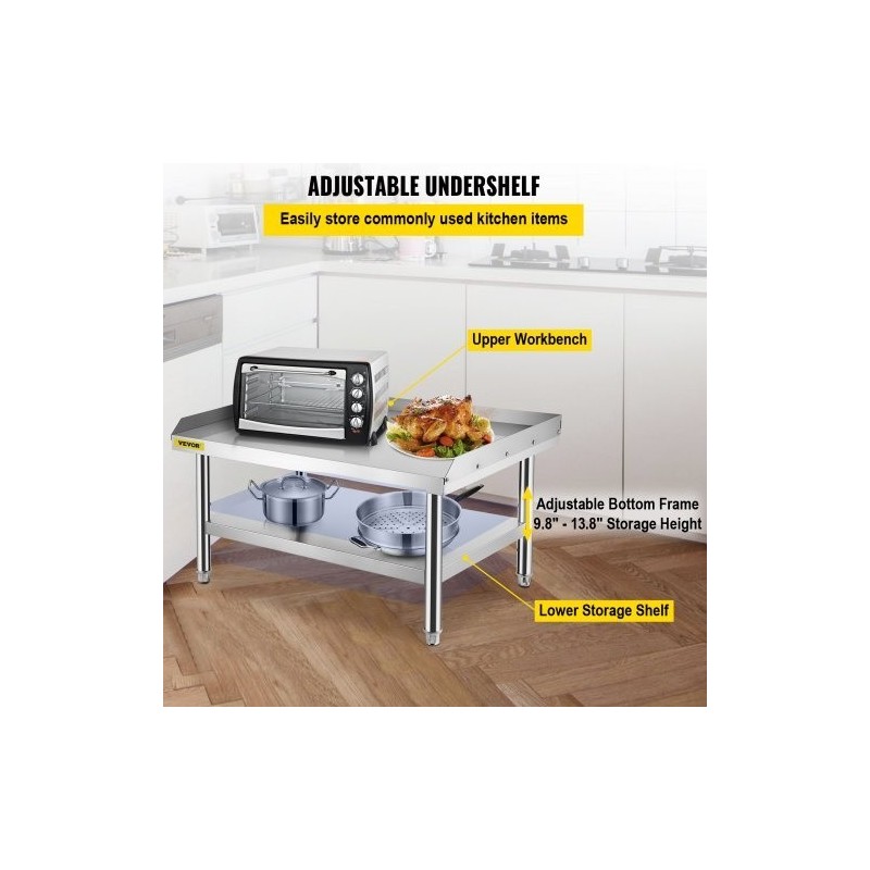 Kaksitasoinen ruostumaton teräs työpöytä ja laitealusta 152x76x61 cm säädettävällä alahyllyllä