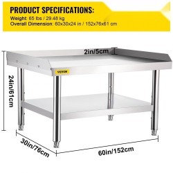 Kaksitasoinen ruostumaton teräs työpöytä ja laitealusta 152x76x61 cm säädettävällä alahyllyllä