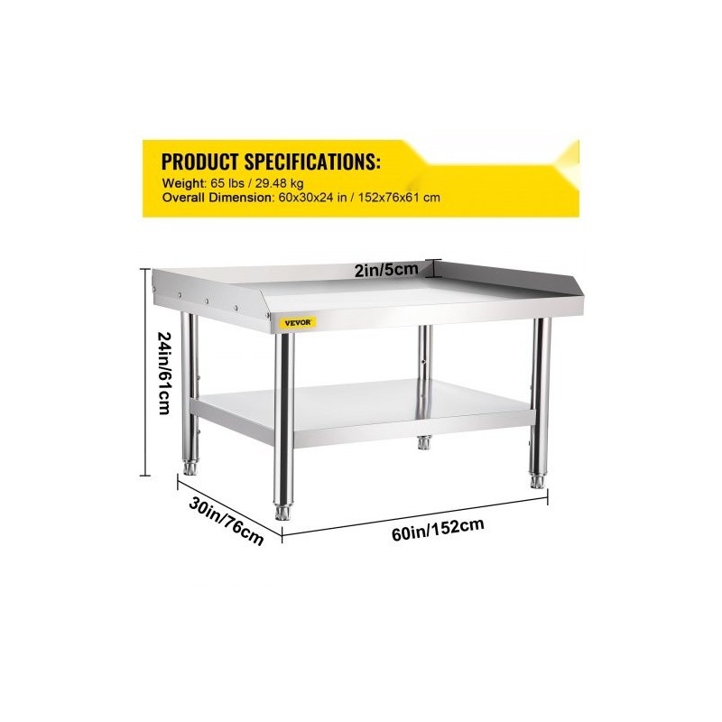 Kaksitasoinen ruostumaton teräs työpöytä ja laitealusta 152x76x61 cm säädettävällä alahyllyllä