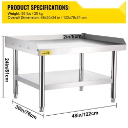 Ruostumaton teräspöytä 122×76×61 cm kaksitasoinen säädettävällä alahyllyllä ammattikeittiöön