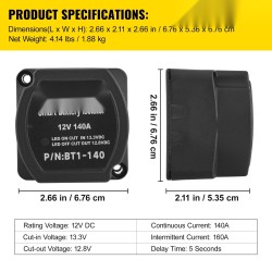 Akkujen erotusrelesarja 12V 140A 2 m kaapelit IP65 automaattinen VSR