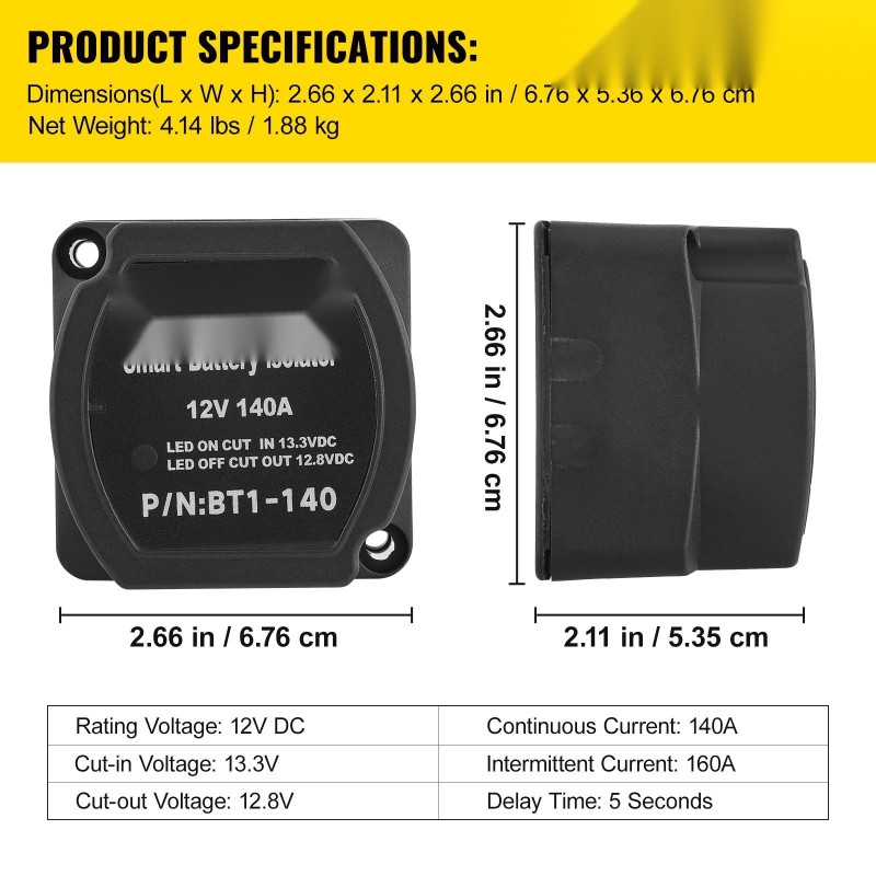 Akkujen erotusrelesarja 12V 140A 2 m kaapelit IP65 automaattinen VSR