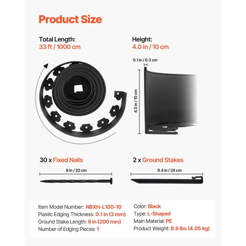 Muovinen puutarhareunus rulla 1000 x 10 cm 30 kiinnikettä 2 maakiilaa