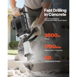 Sähköinen piikkausvasara 3000 wattia 60 joulea 1700 iskua minuutissa alumiiniseosrunko