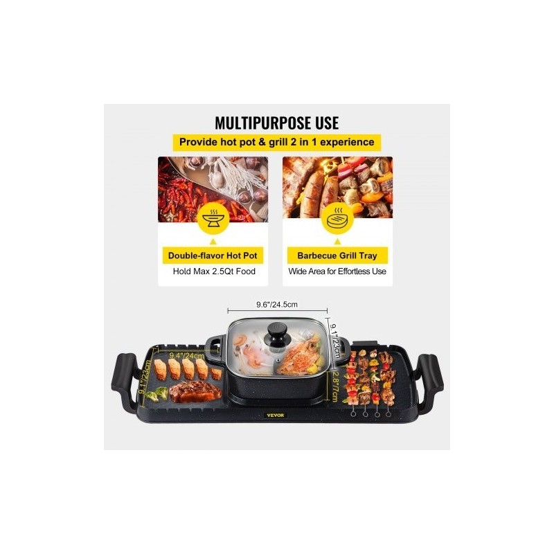 Sähkögrilli ja keittopata valettu alumiini tarttumaton 2,8 l 2400W kaksinkertainen säätö