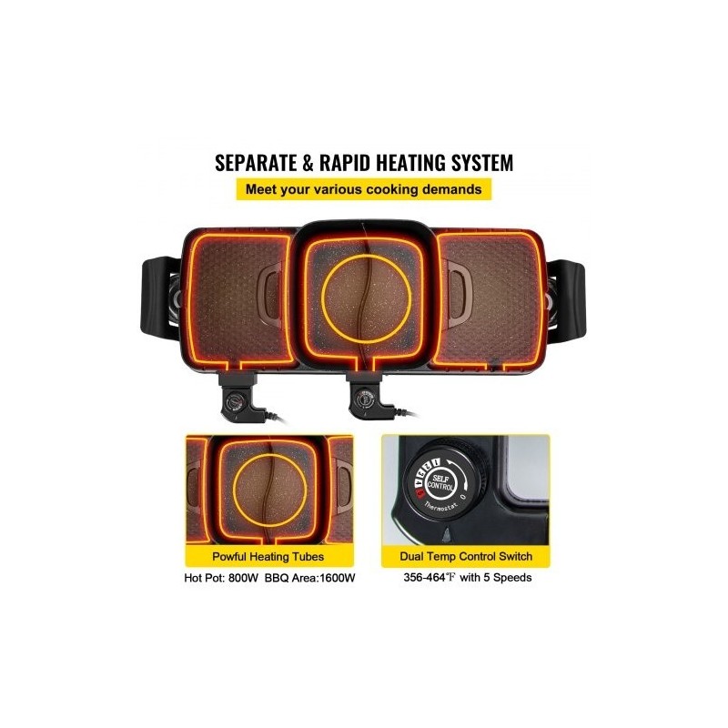 Sähkögrilli ja keittopata valettu alumiini tarttumaton 2,8 l 2400W kaksinkertainen säätö