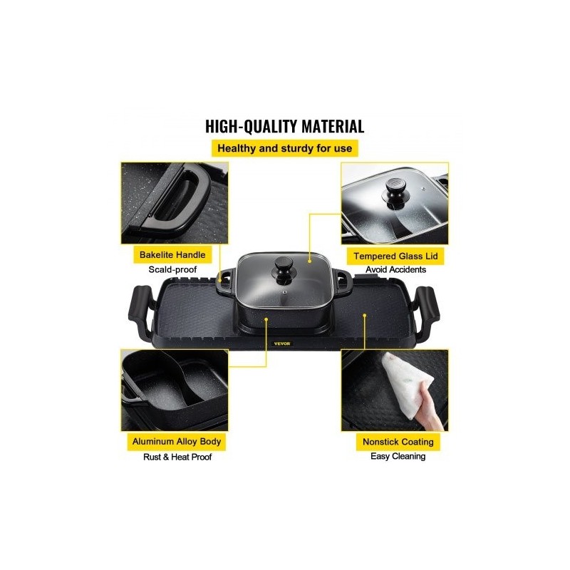 Sähkögrilli ja keittopata valettu alumiini tarttumaton 2,8 l 2400W kaksinkertainen säätö